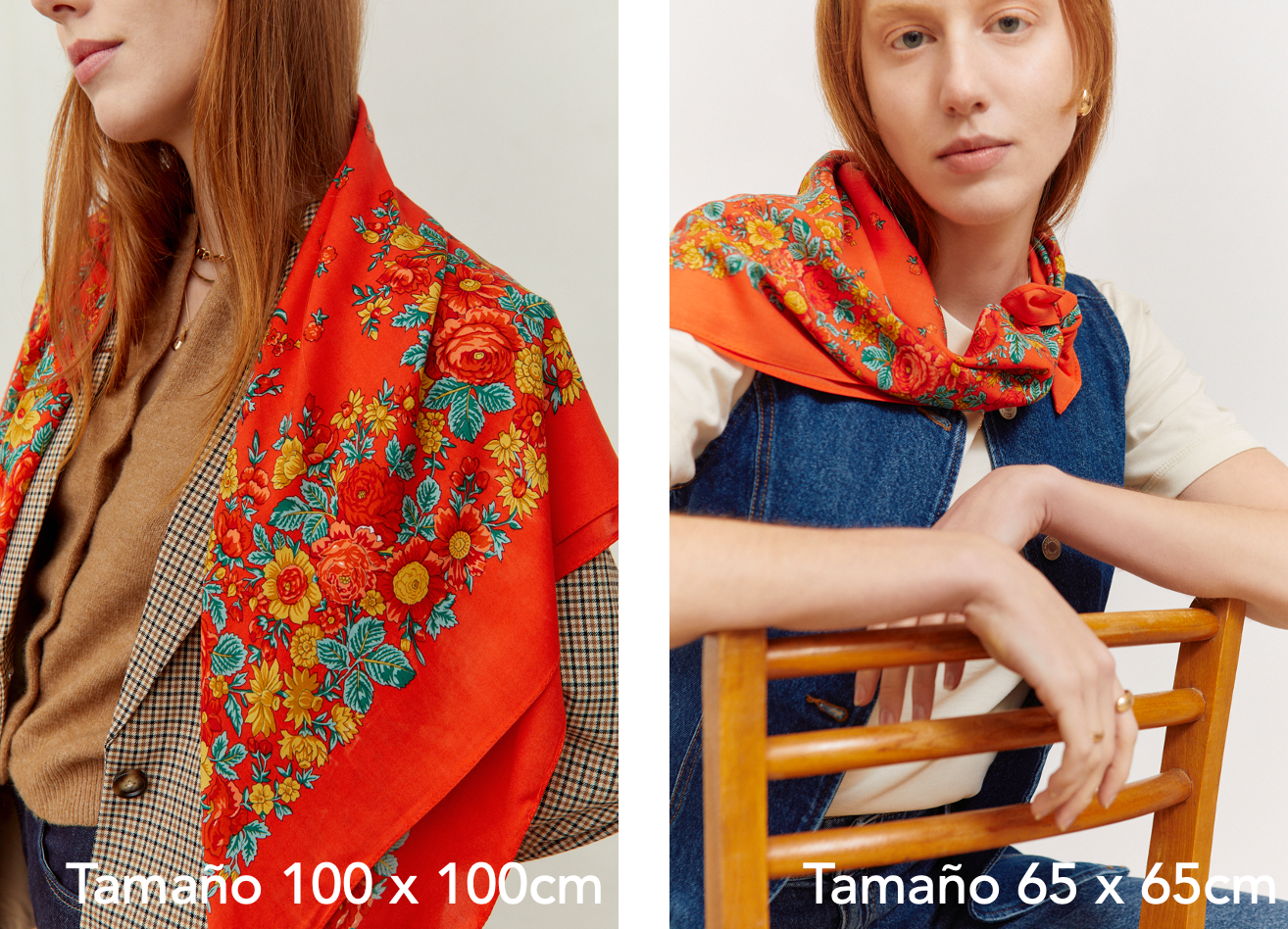 Pañuelo rojo con estampado floral tradicional estilo portugués en tejido suave, disponible en dos tamaños cuadrados.