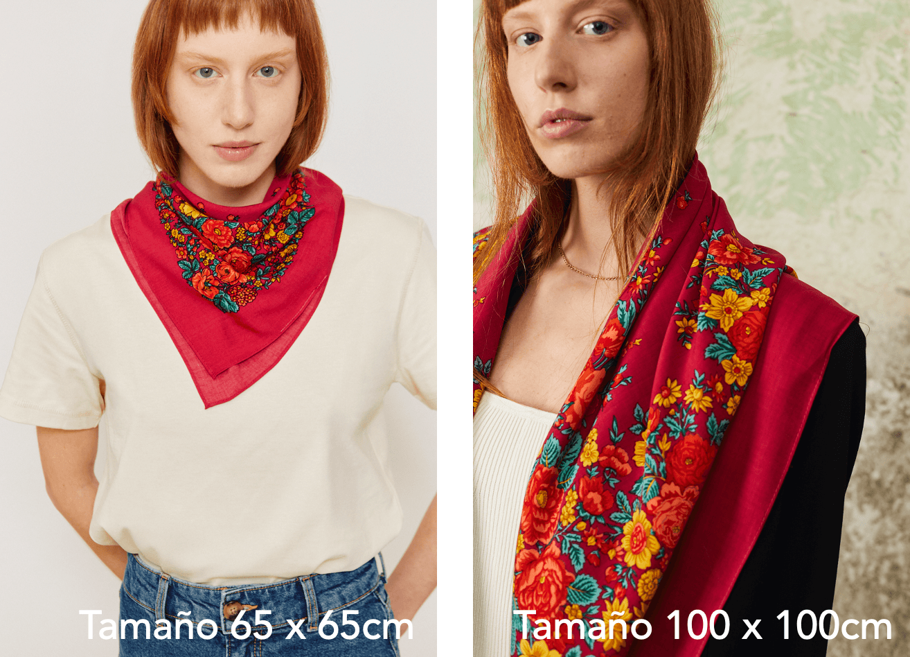 Woman wearing a square pink Portuguese-style scarf featuring a vibrant yellow, orange, and red floral print pattern.