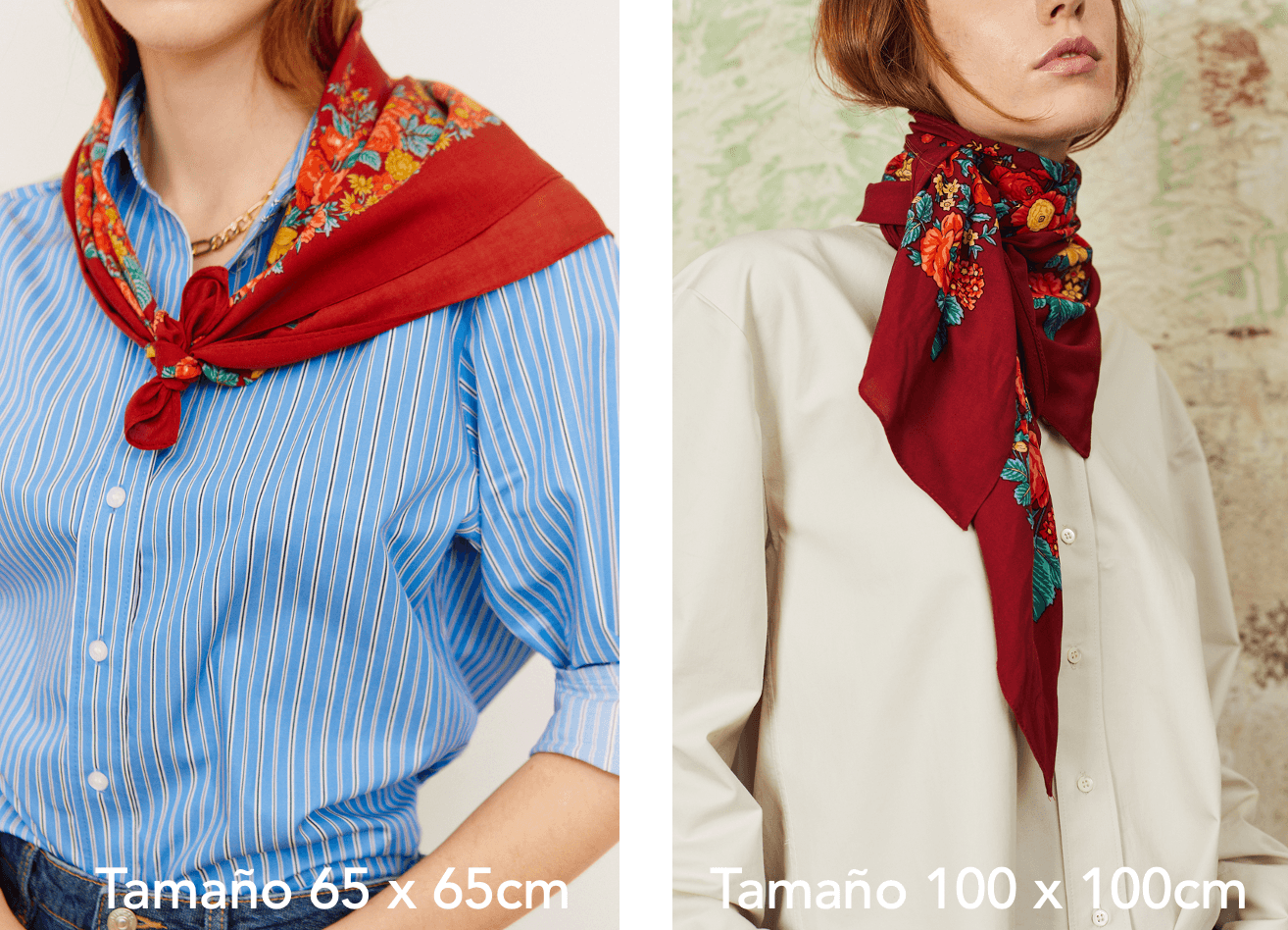 Pañuelo de estilo portugués en color granate con estampado de flores coloridas, tejido suave, anudado al cuello.