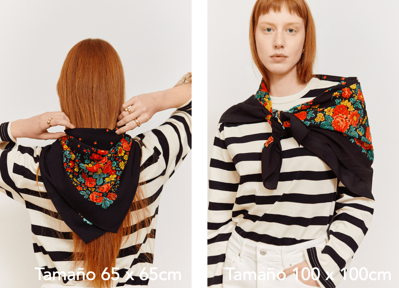 Pañuelo negro de estilo portugués con estampado de flores coloridas, mostrado en dos tamaños sobre una camiseta a rayas.