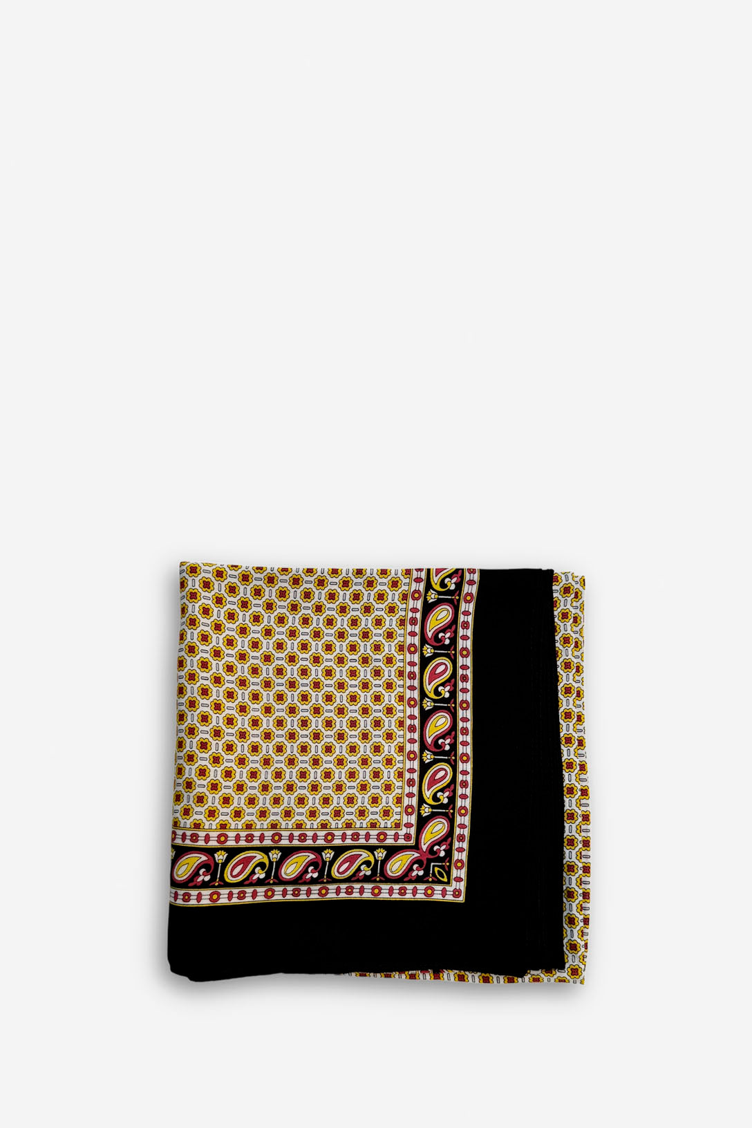 Pañuelo aragonés negro con estampado geométrico, borde floral de cachemira en tonos amarillos, rojos y blancos.