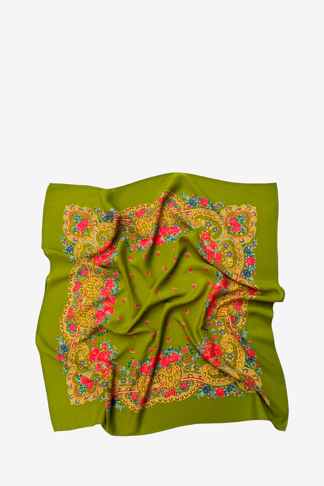 Pañuelo cuadrado verde oliva con estampado floral tradicional, bordes ornamentados y pequeños detalles de flores.