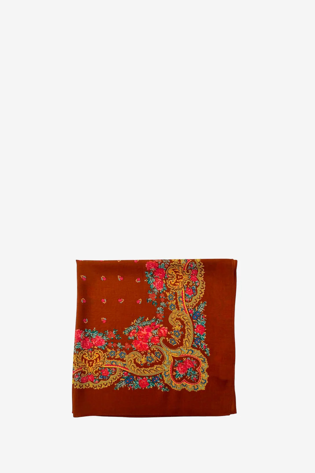 Rust-colored square scarf with ornate gold chain patterns and vibrant pink floral detailing on the borders.