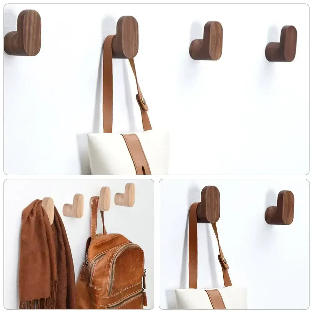 Colgadores de pared de madera maciza con diseño minimalista y forma de gancho, ideales para accesorios y bolsos.