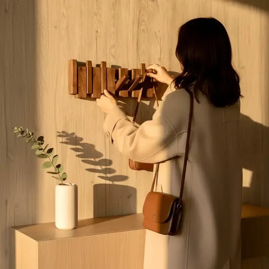 Perchero de pared de madera natural con ganchos plegables, de estilo escandinavo, en una pared cálida y minimalista.