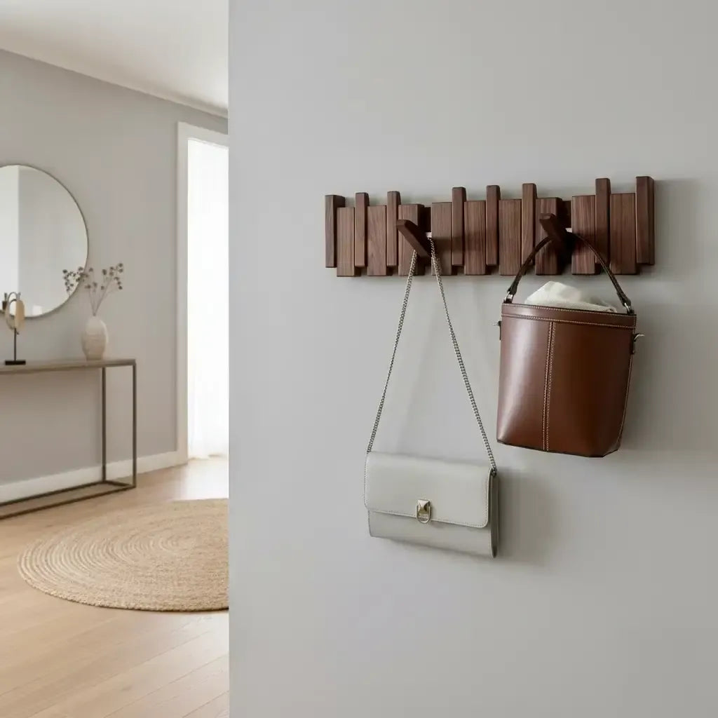 Perchero de pared plegable en madera oscura con estilo escandinavo, sosteniendo bolsos en un recibidor moderno y neutro.