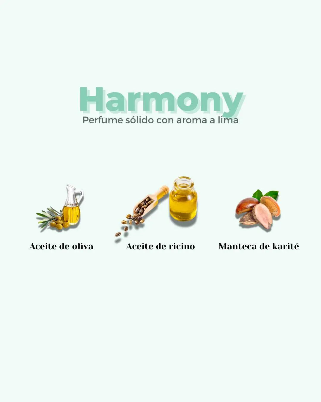 Perfume sólido Banbu Harmony de lima. Muestra ingredientes naturales: aceite de oliva, ricino y manteca de karité.