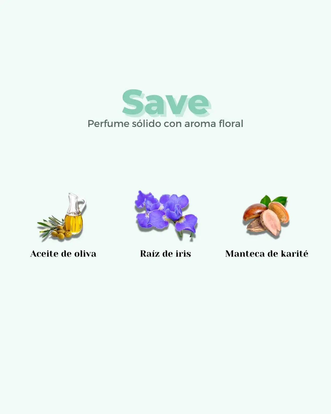 Perfume sólido Banbu Save: ingredientes naturales como aceite de oliva, flor de iris y manteca de karité.