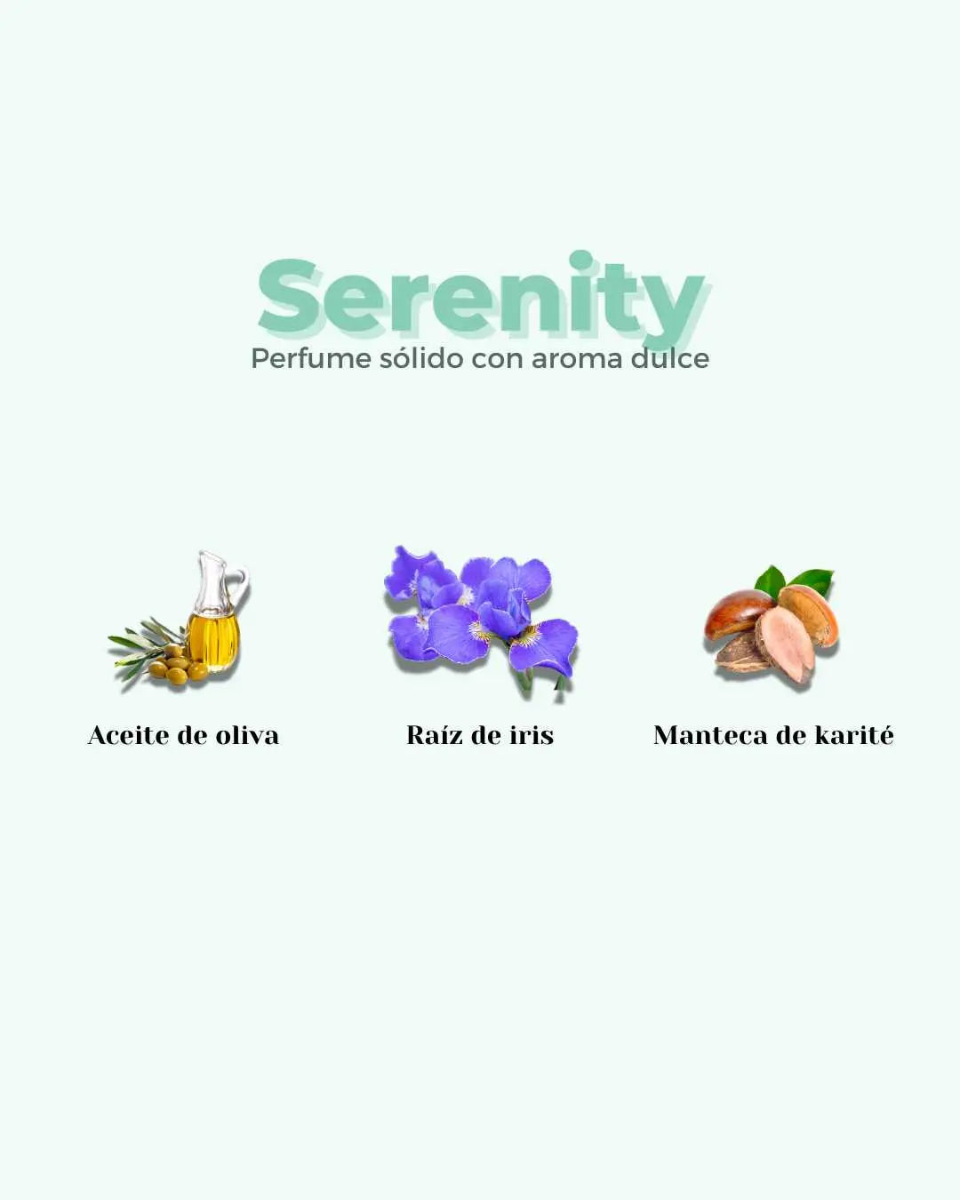 Perfume sólido Banbu Serenity: ilustración con aceite de oliva, flor de iris y manteca de karité sobre fondo verde claro.