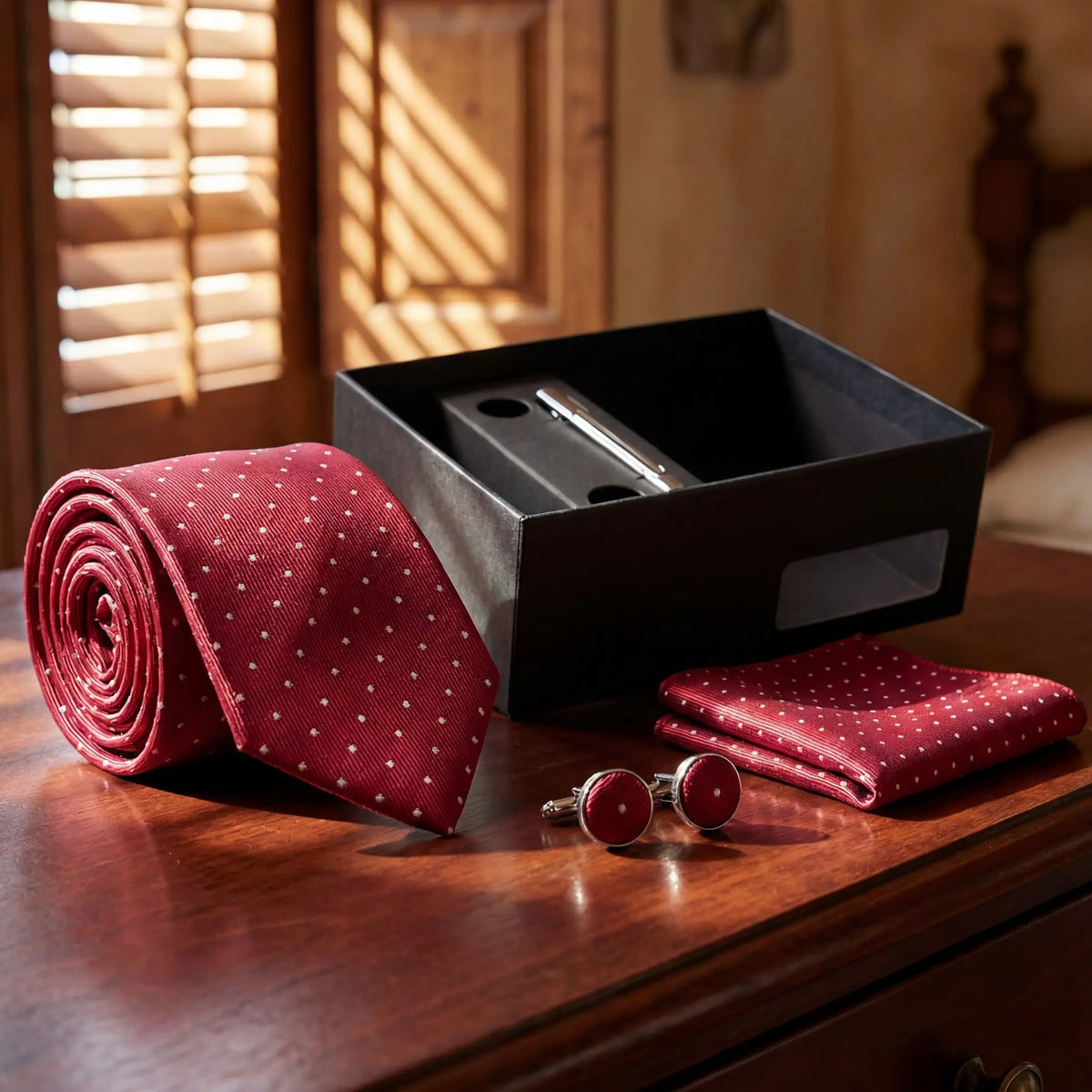Piacenza · Corbata roja con lunares blancos con pañuelo de bolsillo, gemelos y pasador