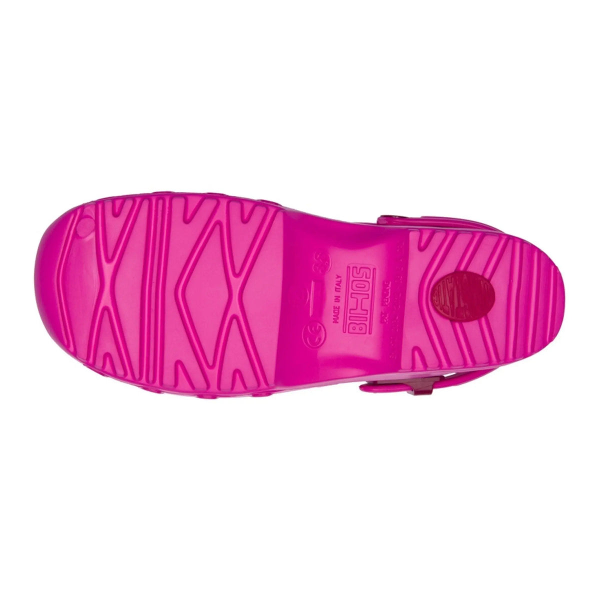 Bottom view of a bright pink, slip-on rubber clog with a textured, non-slip tread pattern and molded details.