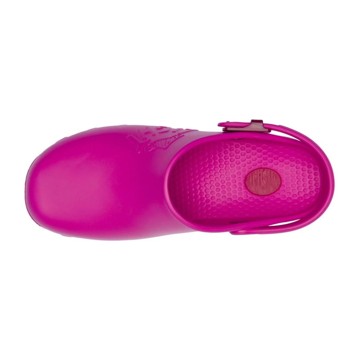 Top view of a bright pink, slip-on rubber clog with an adjustable heel strap and textured footbed.