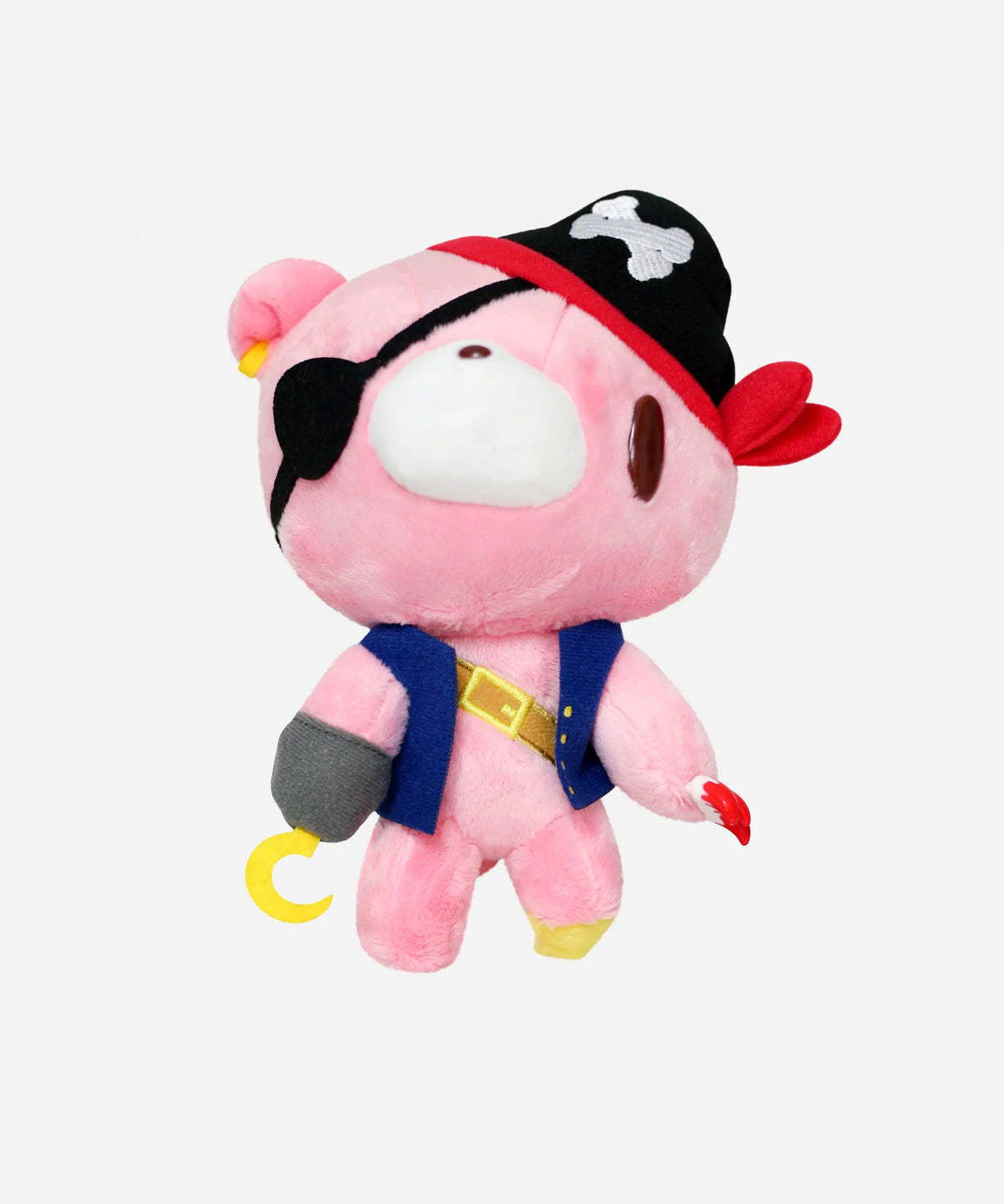 Pink 8-inch plush bear wearing a pirate hat, eyepatch, blue vest, and a grey hook hand, isolated on a white background.