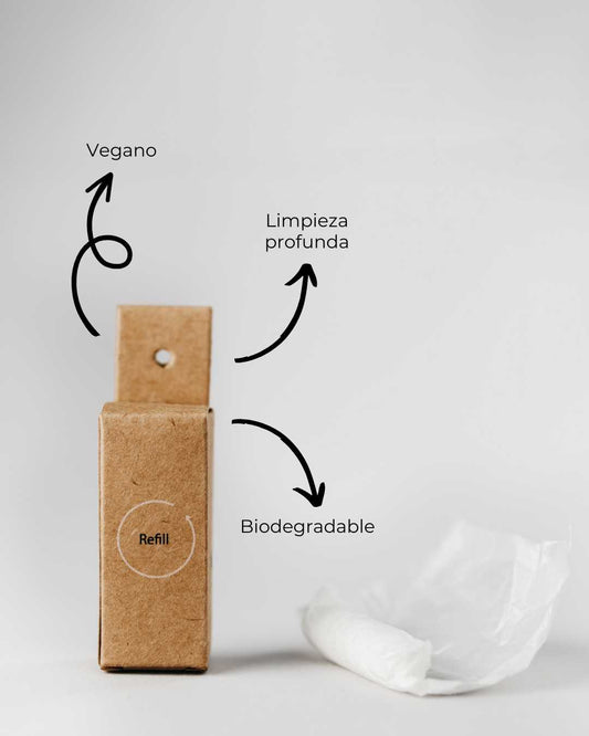 Caja de cartón kraft de Banbu para refill de hilo dental biodegradable, con flechas y texto descriptivo sobre fondo gris.