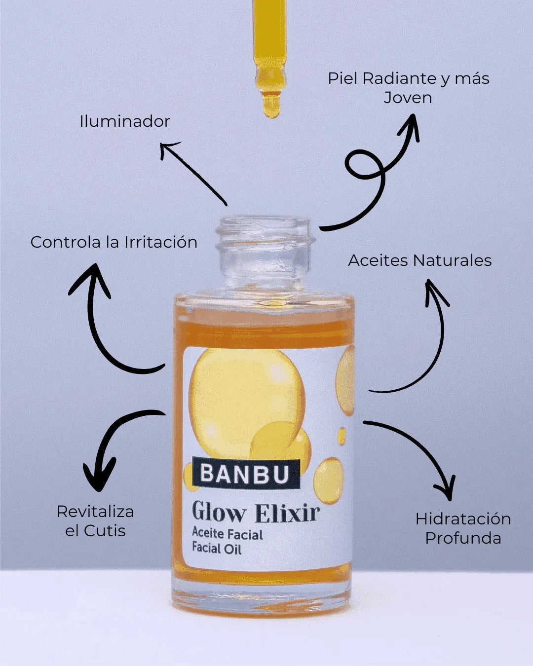 Sérum facial Banbu Glow Elixir: frasco de vidrio con aceite dorado y gotero sobre fondo lila claro.