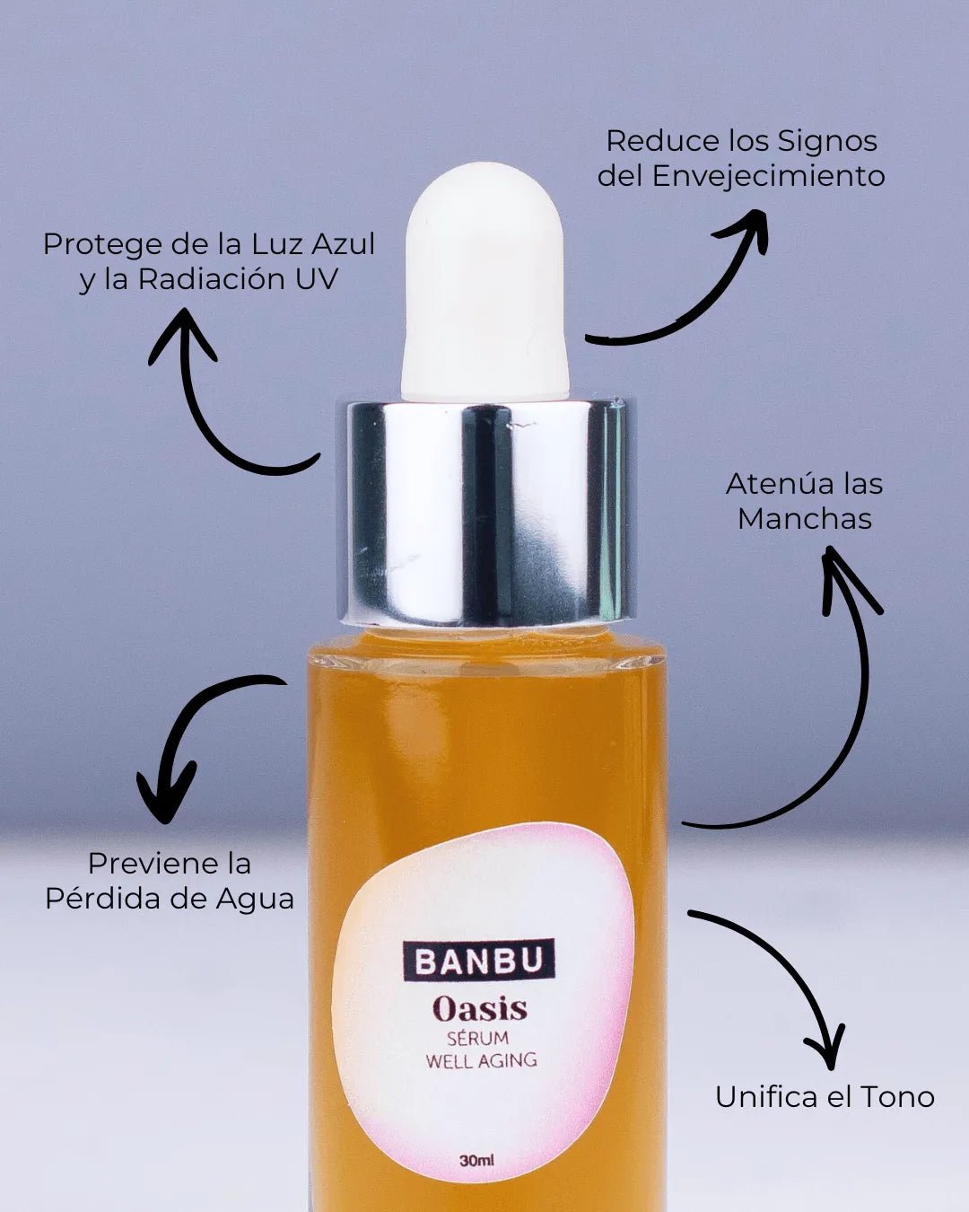 Frasco de vidrio con sérum naranja Banbu Oasis y etiquetas explicativas sobre fondo lila.