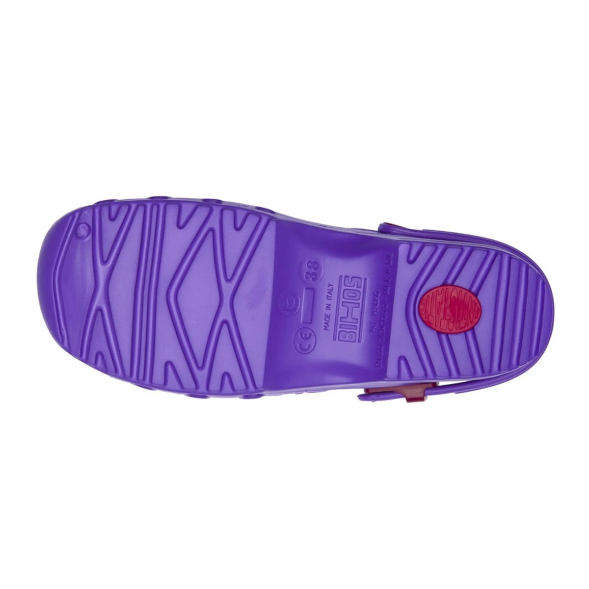 Lilac-colored rubber clog, view of the textured sole with molded tread patterns, size 38, and Antistatic label.
