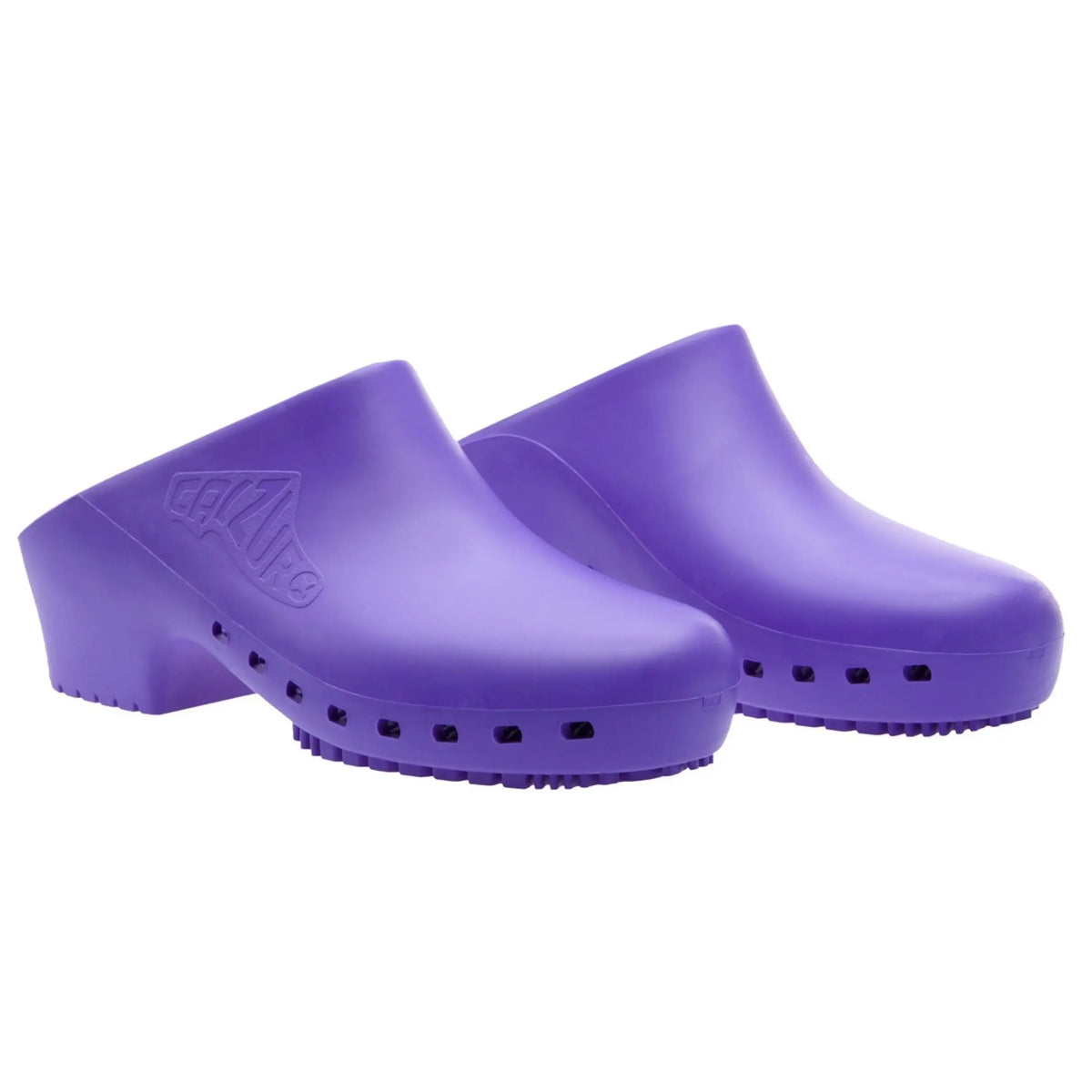 Pair of purple slip-on rubber clogs with a solid upper, enclosed toe, and small side ventilation ports.