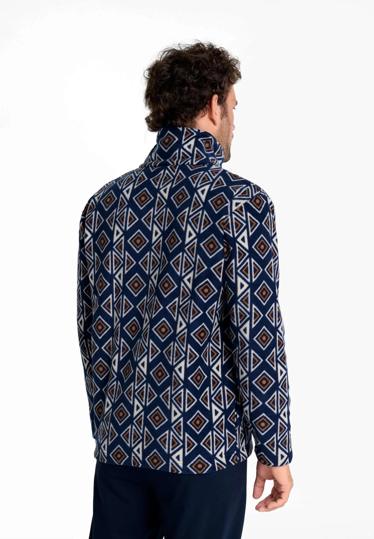 Chaqueta de pijama para hombre de forro polar azul con estampado geométrico y cuello alto, ajuste cómodo de invierno.