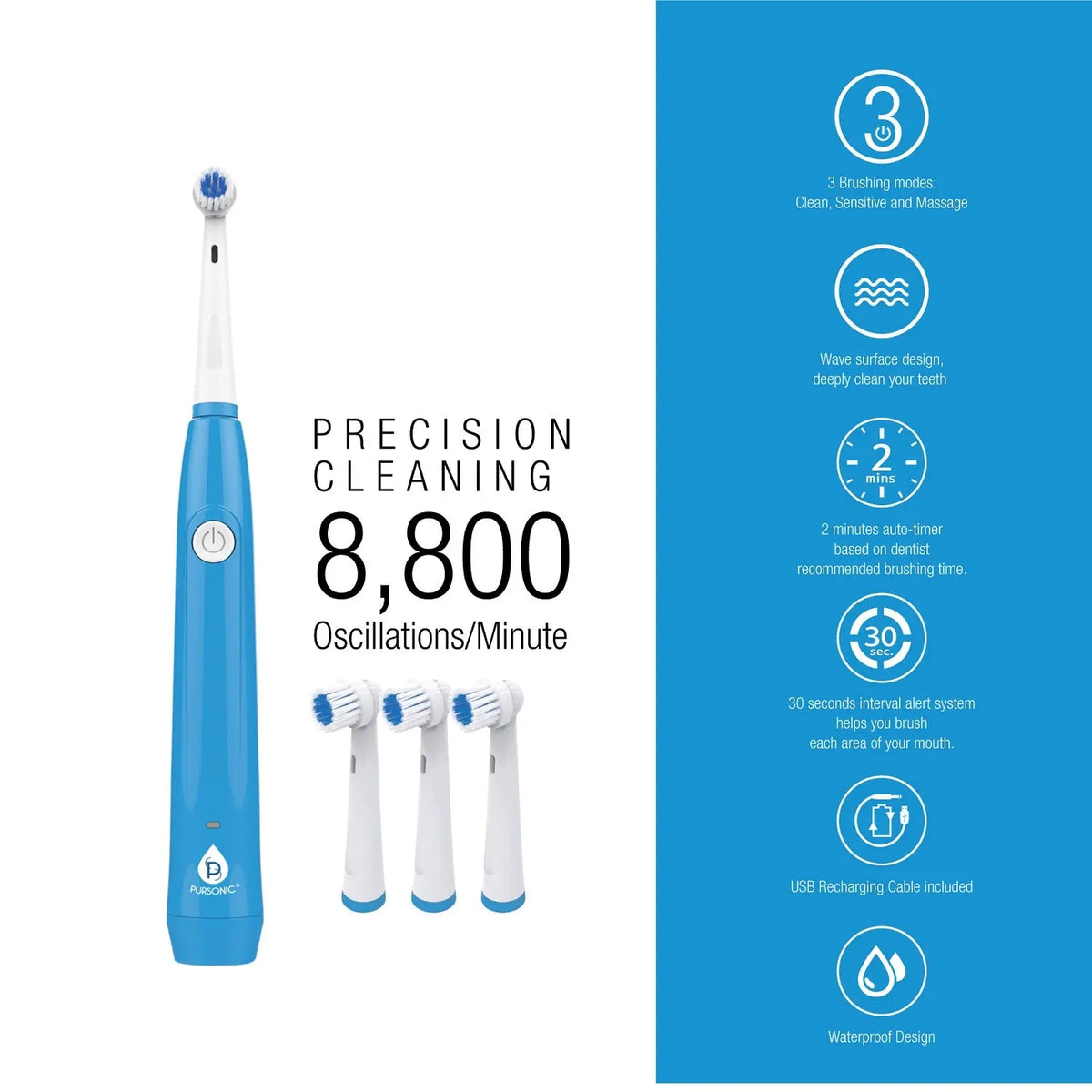 Blue Pursonic electric rotary toothbrush with three extra brush heads, featuring multiple modes and USB charging.