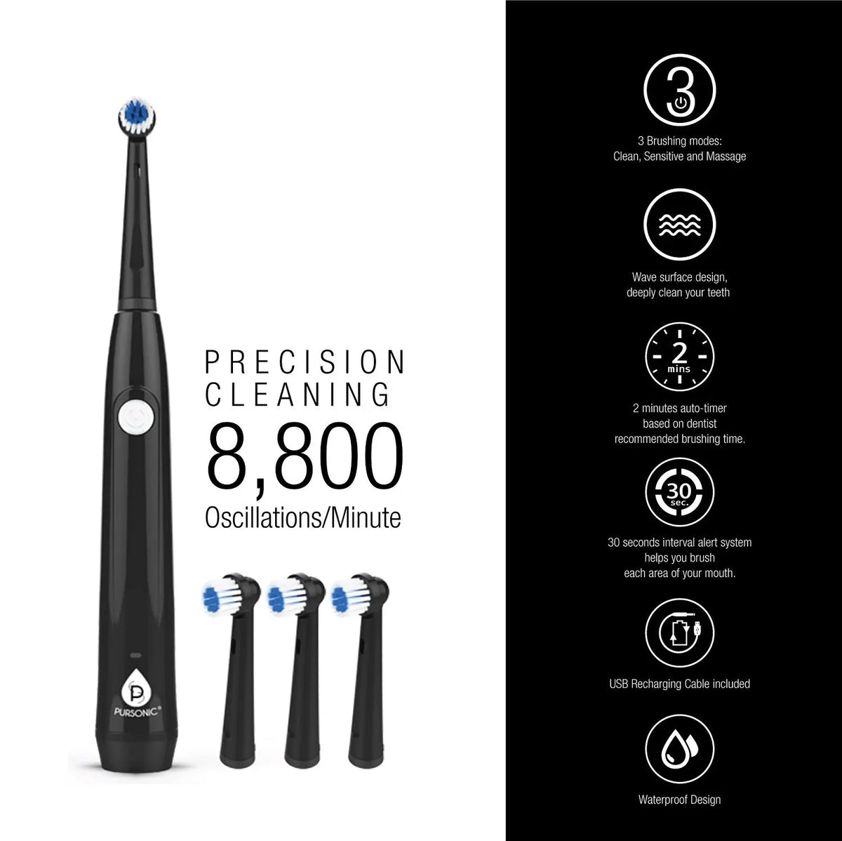 Black electric rotary toothbrush with three extra brush heads, USB rechargeable, and 8,800 oscillations per minute.
