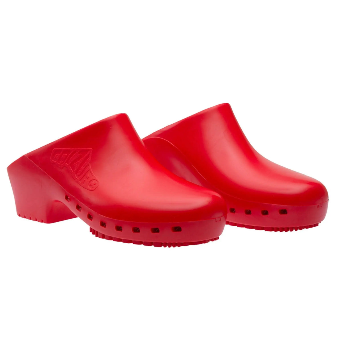 Pair of solid red slip-on clogs with a closed upper, low heel, and textured sole, shown against a white background.
