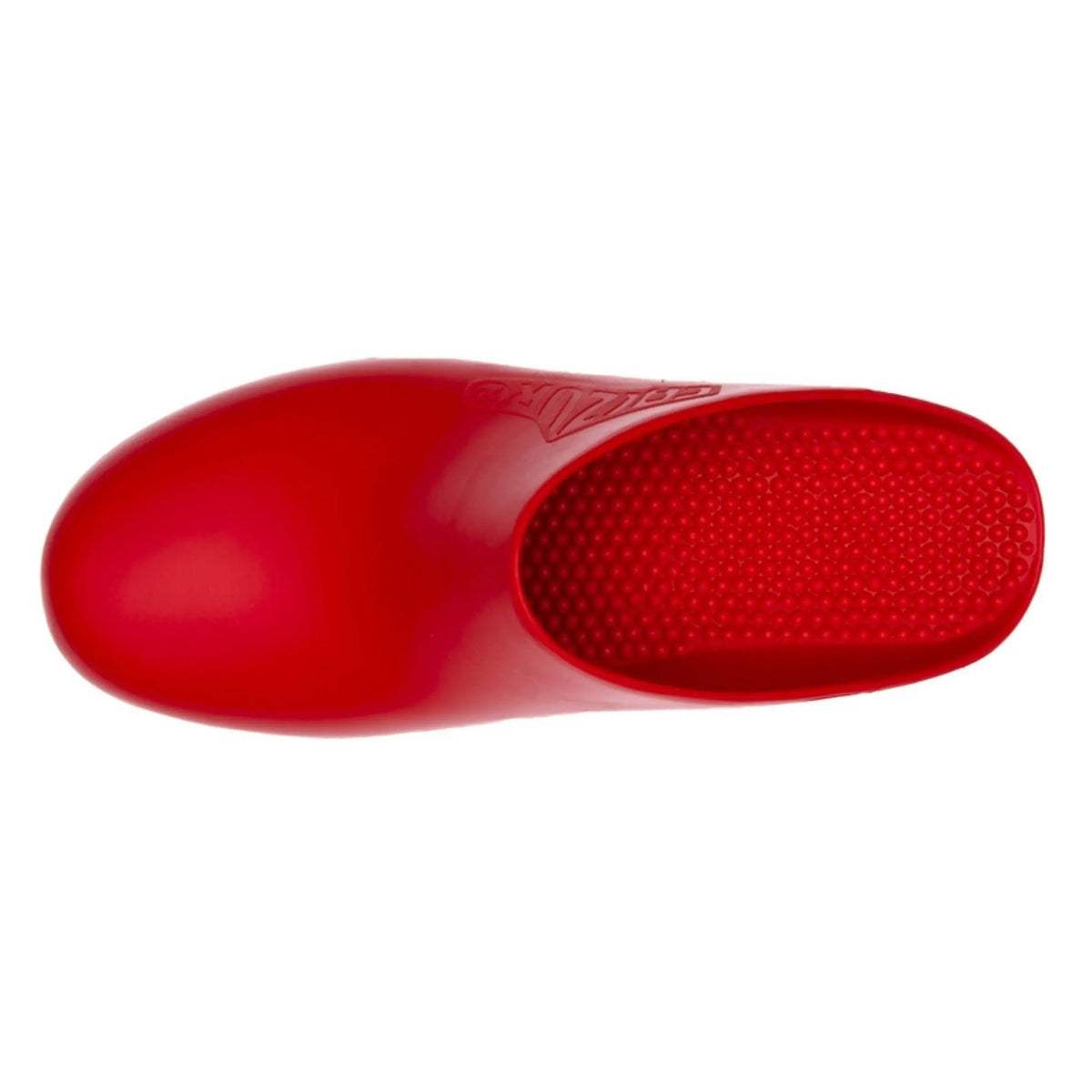 Bright red solid professional clog with a smooth round toe and textured, slip-resistant inner sole.