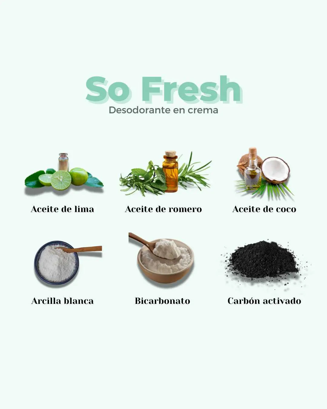Ingredientes del desodorante Banbu So Fresh: lima, romero, coco, arcilla, bicarbonato y carbón activado sobre fondo claro.