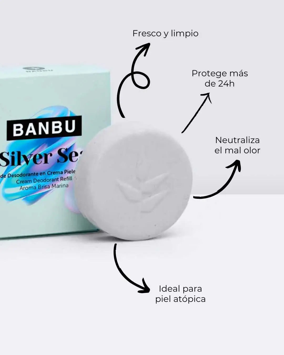 Refill de desodorante en crema Banbu Silver Sea, pastilla blanca redonda junto a su caja verde claro con flechas de uso.