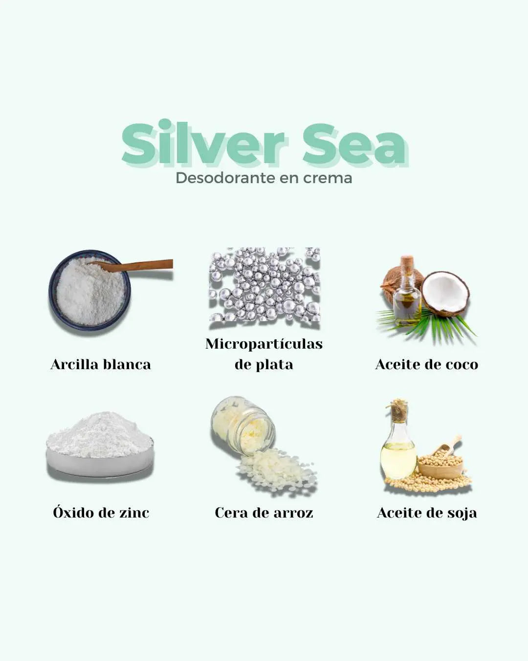 Infografía de Banbu sobre los ingredientes naturales del desodorante Silver Sea: arcilla, plata, coco, zinc, arroz y soja.