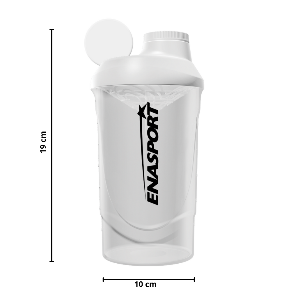 Clear plastic shaker bottle with white lid, 19 cm tall, featuring ENASPORT logo, ideal for mixing protein shakes.