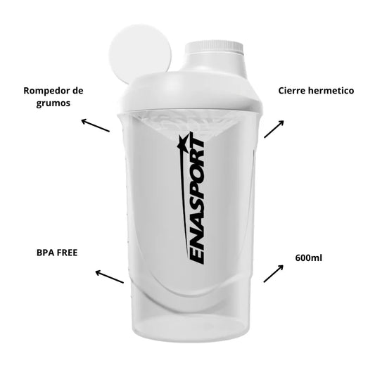 White 600ml BPA-free shaker bottle with a lump breaker and airtight lid, featuring ENASPORT branding.