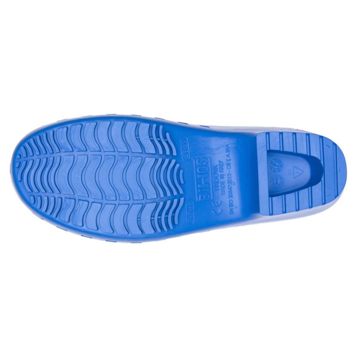 Royal blue rubber clog sole with wave-patterned non-slip treads and molded technical information, isolated on white.