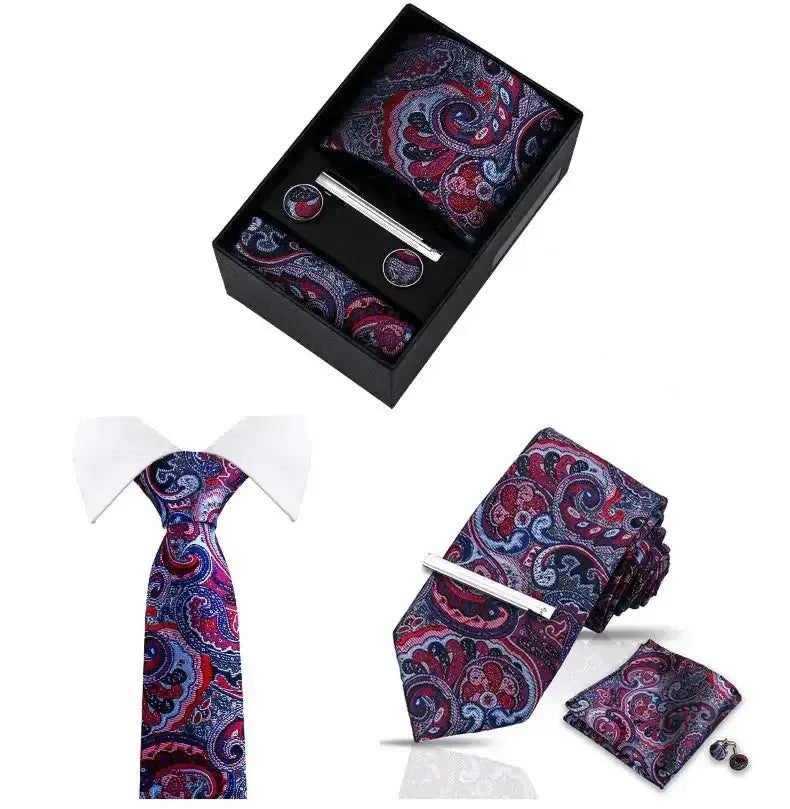 Set de corbata, pañuelo y gemelos con estampado paisley en tonos azul y morado, elegante y con acabado satinado.