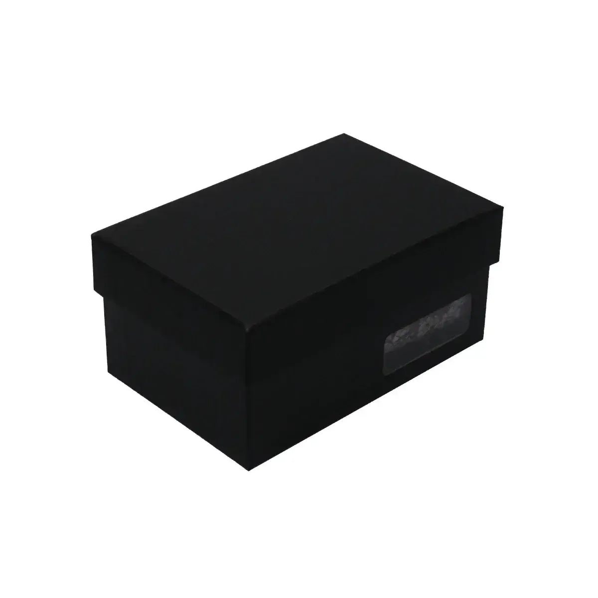 Caja de regalo rectangular negra de cartón rígido para accesorios de caballero, con ventana lateral transparente.