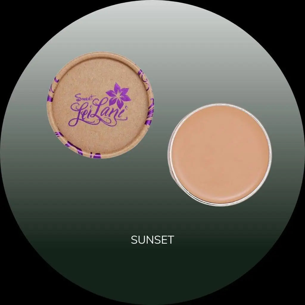 Round, tan cardboard container for Sweet LeiLani foundation, open to show smooth, light-brown Sunset shade cream.