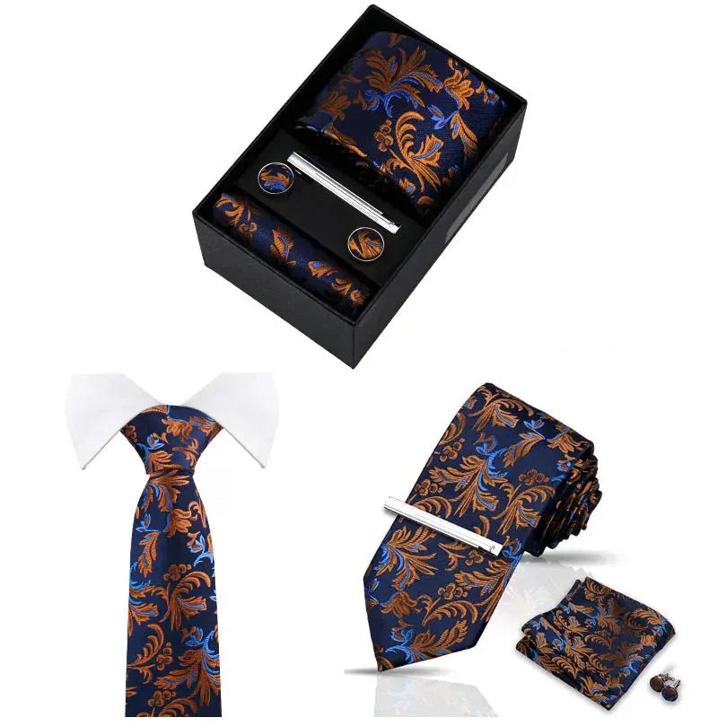 Chambord · conjunto de corbata con estampado paisley azul y naranja con pañuelo, gemelos y pasador