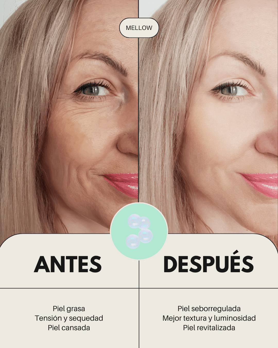 Comparativa antes y después del uso del sérum Banbu Mellow: piel más luminosa, suave y revitalizada tras su aplicación.