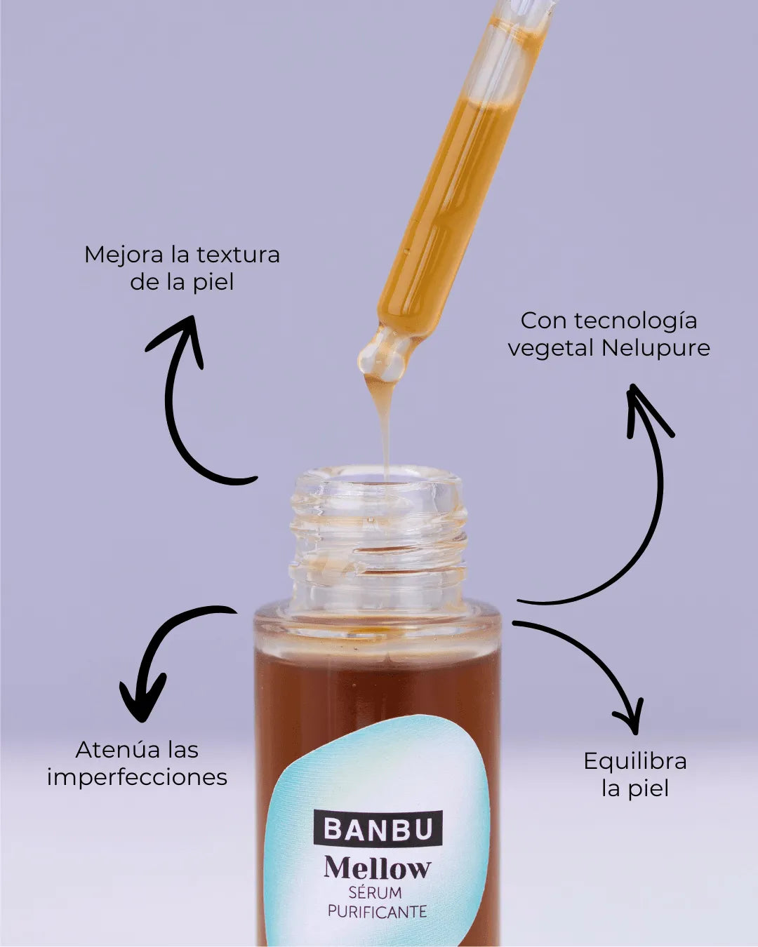 Sérum purificante Banbu Mellow con cuentagotas sobre fondo lila, resaltando sus beneficios para la piel.