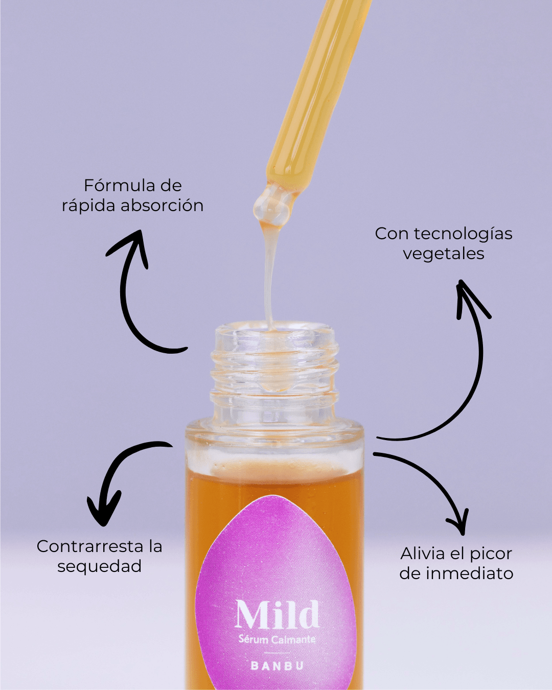 Sérum facial MILD de Banbu: envase de cristal con cuentagotas y texto explicativo sobre fondo lila.