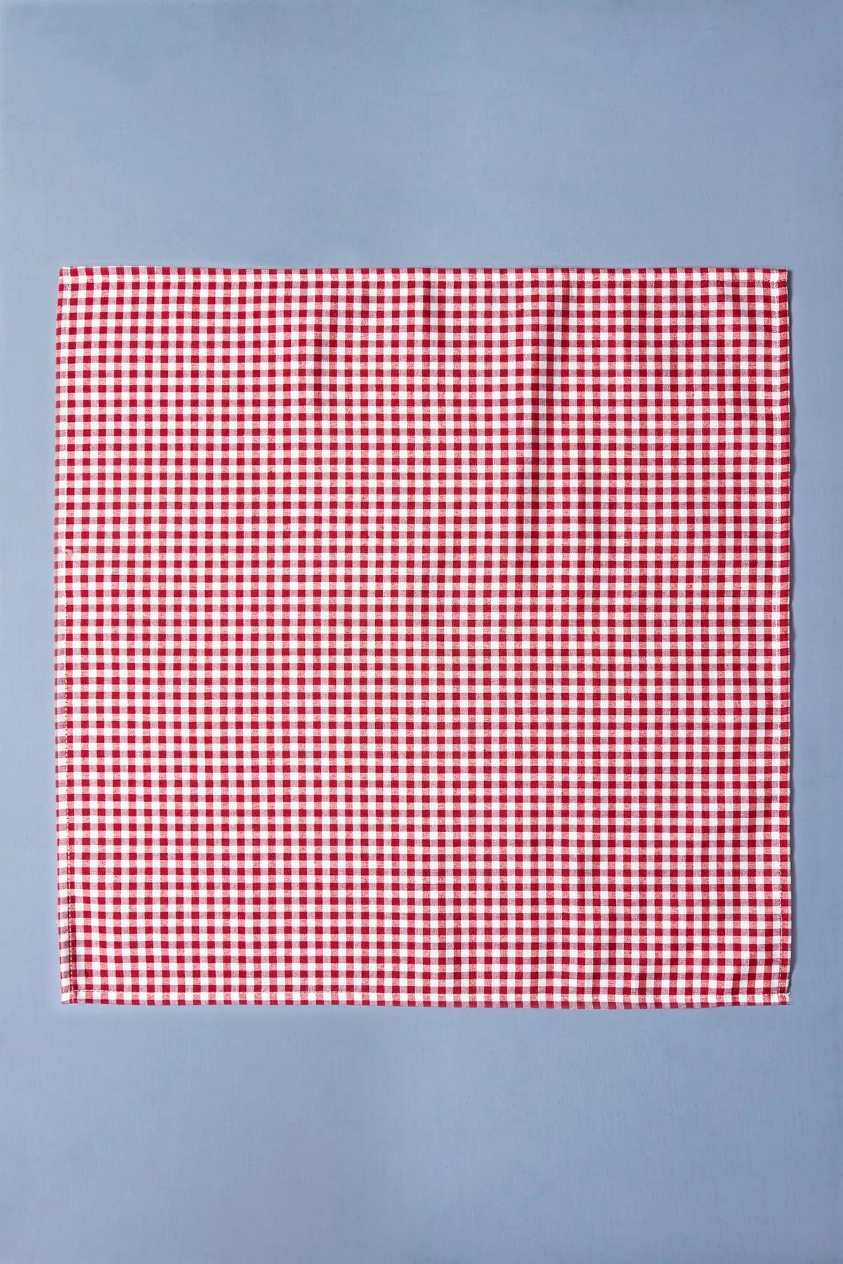 Square napkin with a classic red and white gingham check pattern on a light blue background.