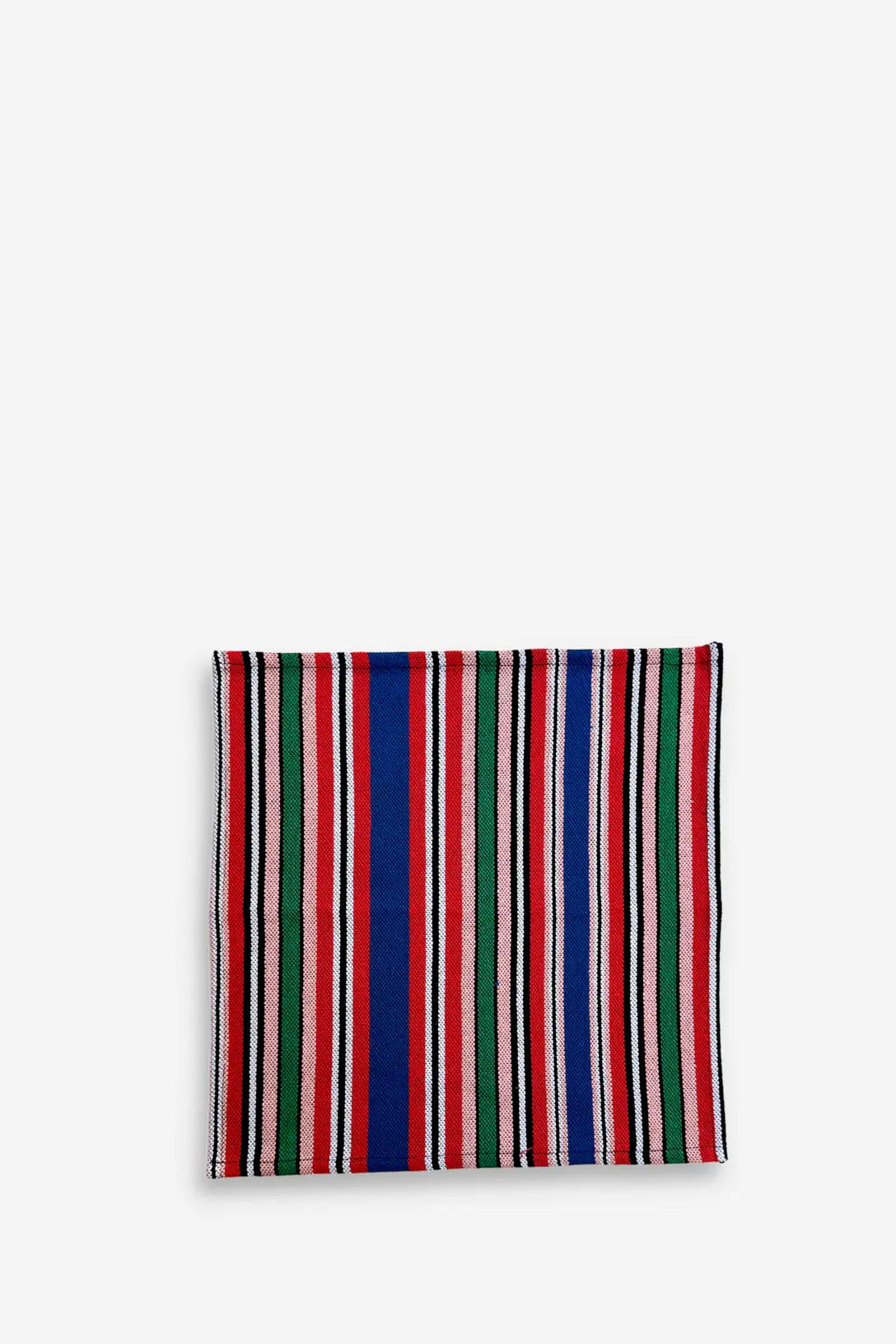 Pack de dos servilletas de tela con estampado de rayas verticales en azul, rojo, verde y rosa sobre fondo blanco.
