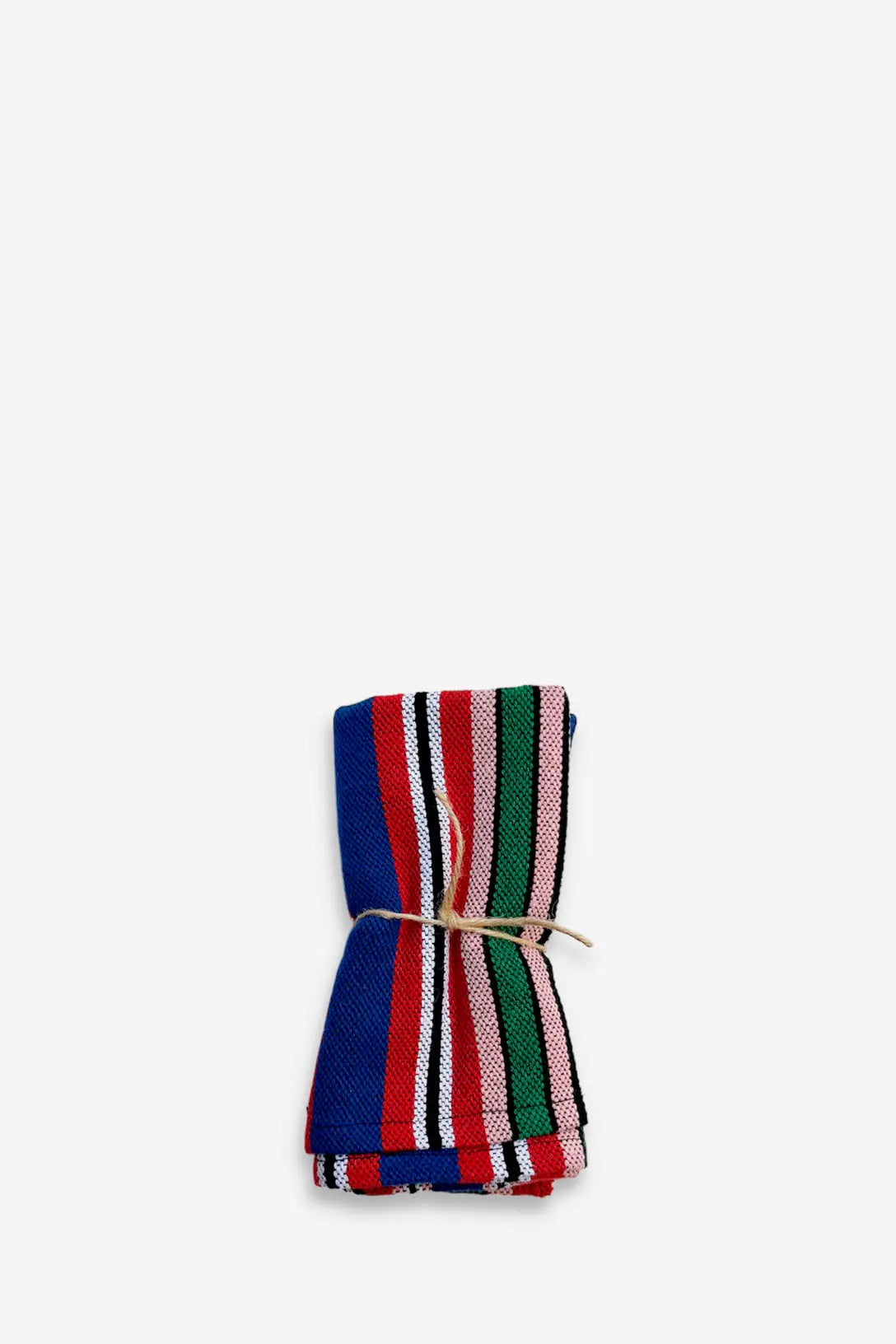 Pack of two folded fabric napkins with a colorful striped pattern in blue, red, green, pink, black, and white.