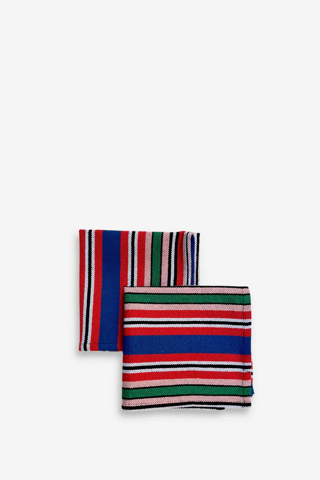 Pack de dos servilletas de tela con tejido artesanal, diseño de rayas multicolor en azul, rojo, verde, rosa y negro.
