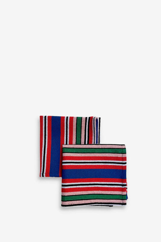 Pack de dos servilletas de tela con tejido artesanal, diseño de rayas multicolor en azul, rojo, verde, rosa y negro.