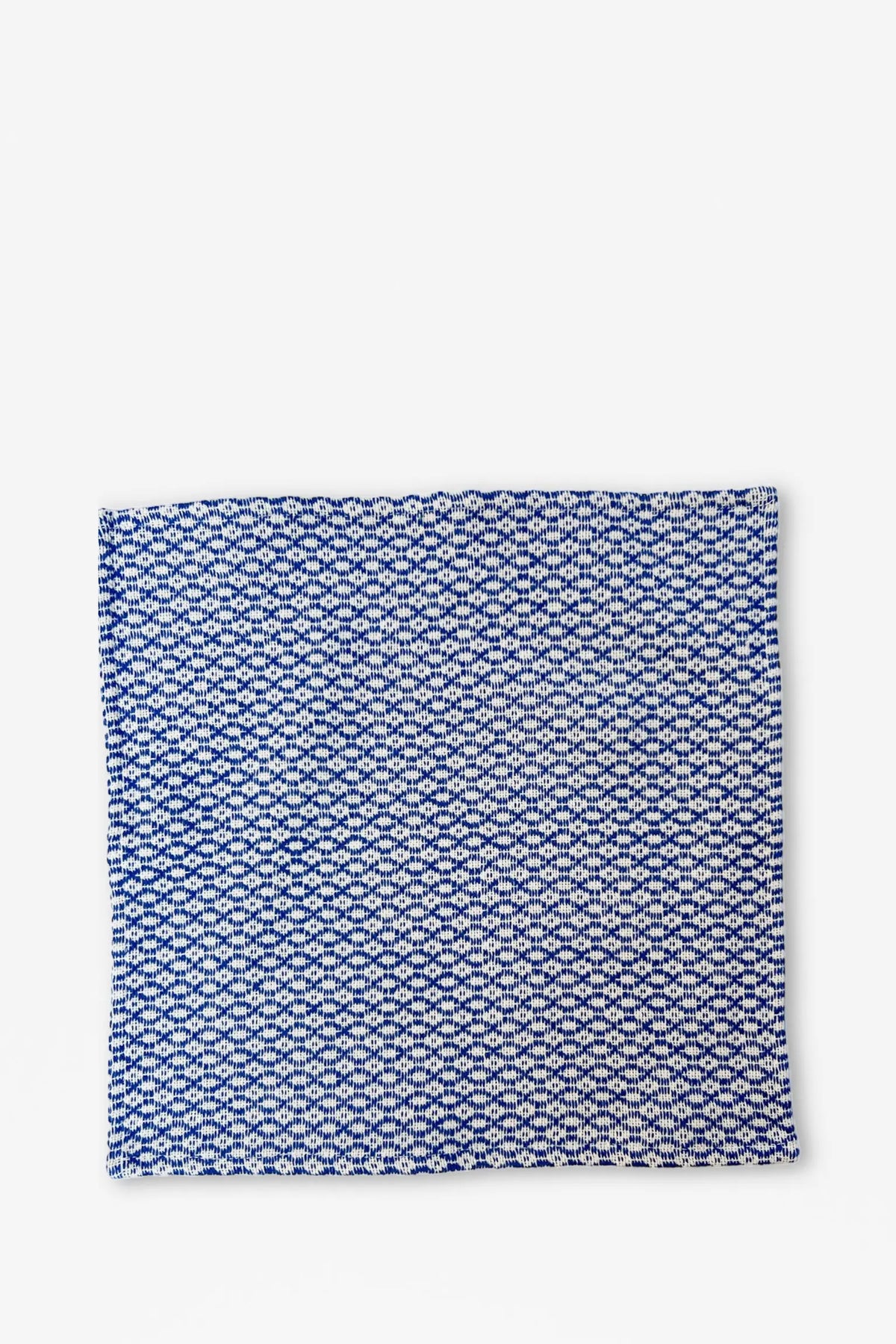 Square napkin with blue and white bird's eye pattern, featuring a textured woven fabric design.