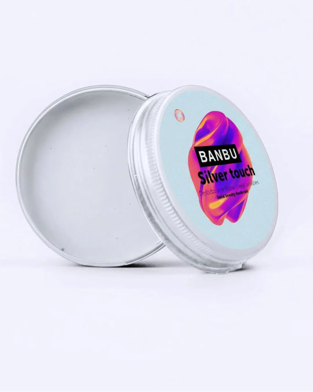 Desodorante en crema Banbu Silver Touch en envase metálico redondo, con etiqueta colorida sobre fondo blanco.