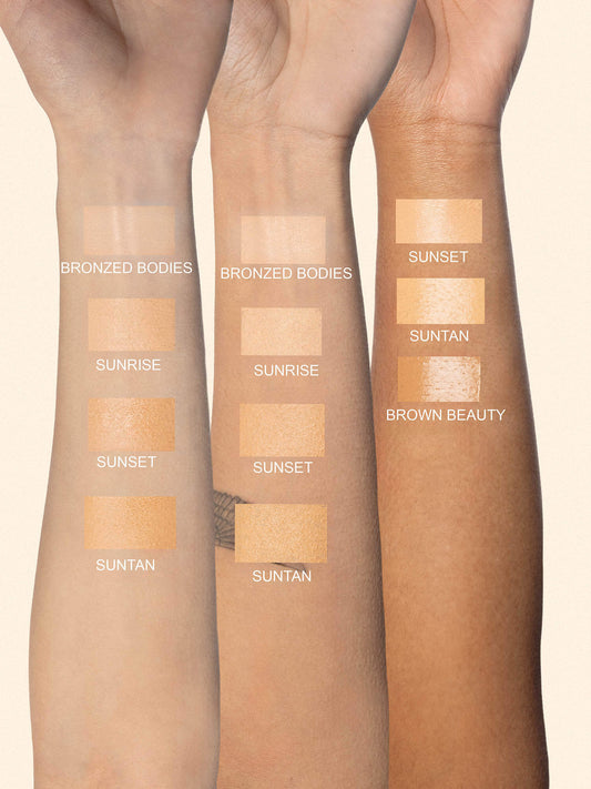 Sample shades of the Beach Vibes Foundation on different skin tones: Bronzed Bodies, Sunset, Suntan and Brown Beauty.