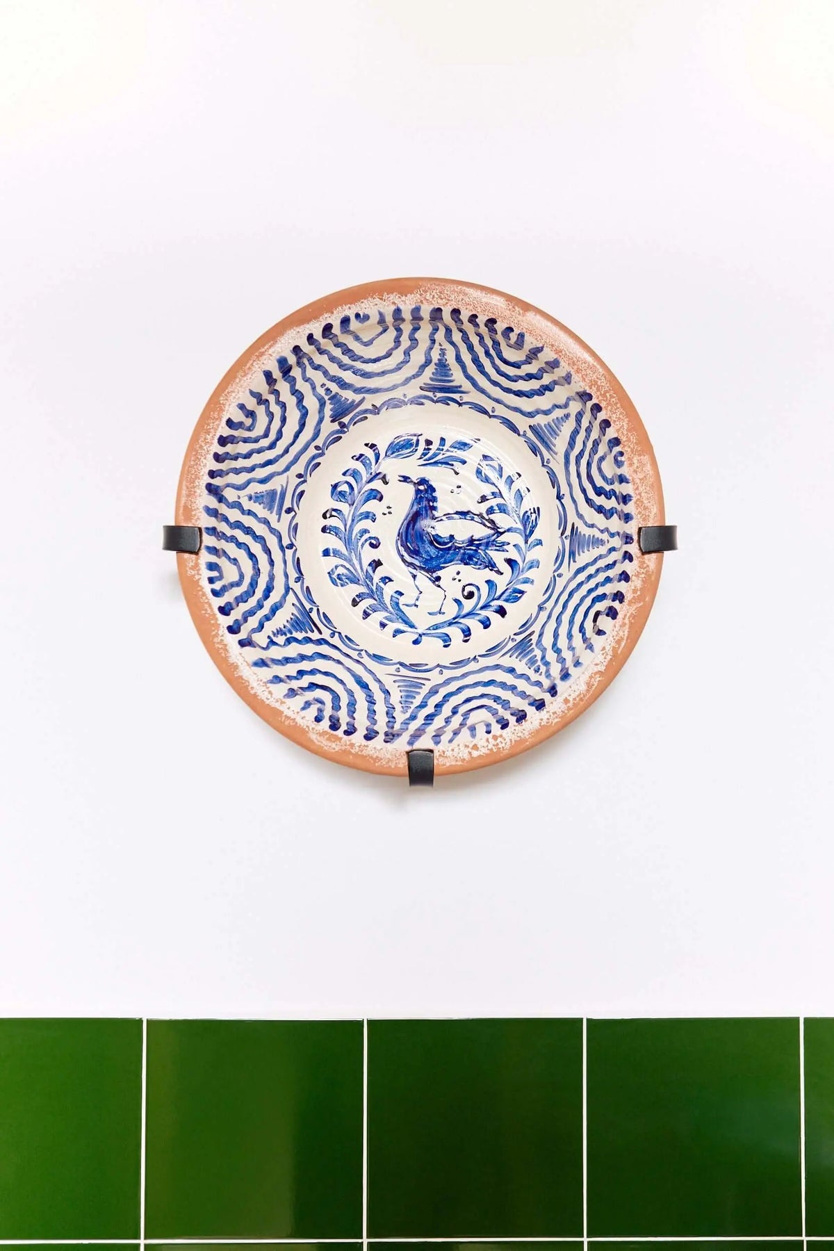 Hand-painted terracotta ceramic plate with blue bird and scalloped rim patterns, mounted on a white wall.