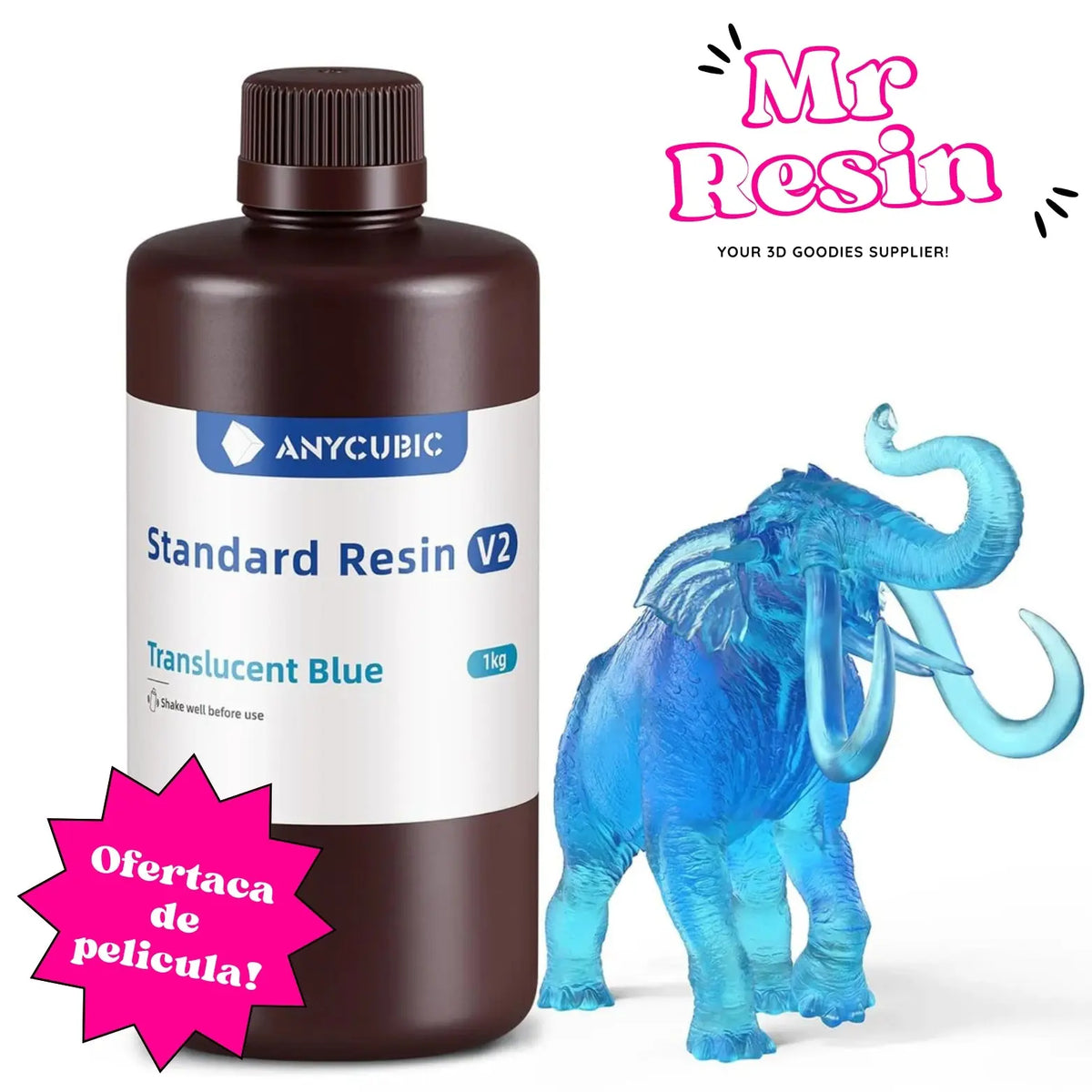 Botella de resina Anycubic V2 azul traslúcido de 1kg junto a una figura impresa de mamut azul brillante.